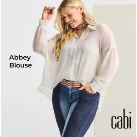Cabi Abbey Sheer Top & Cami Set S Style 6291 Cream Long Smocked Wrists Large - Picture 1 of 9